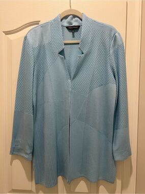 Ming Wang Light Blue Patchwork Knit Open Front Cardigan